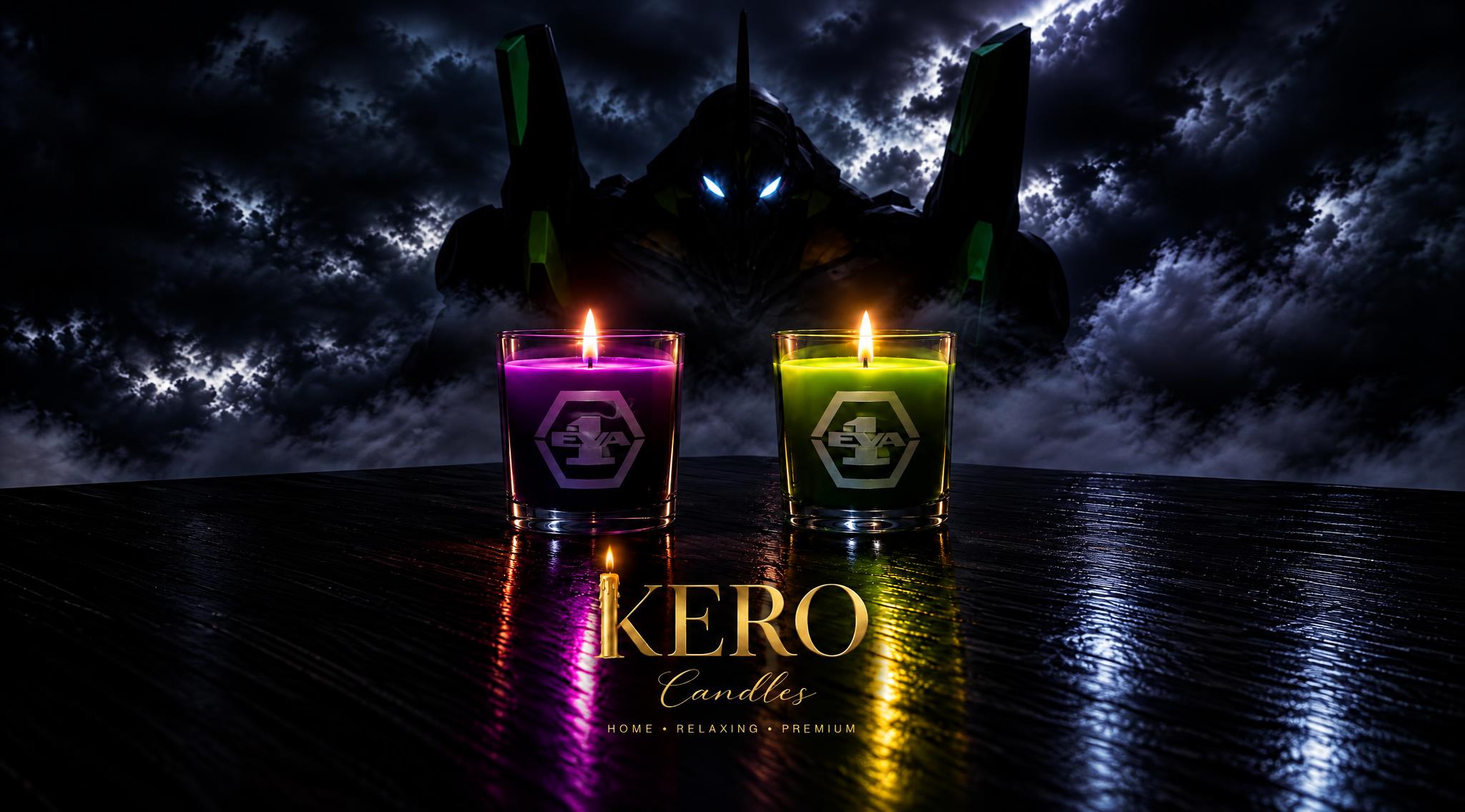 Two lit Kero Candles, one purple and one green, with the Kero Candles logo below